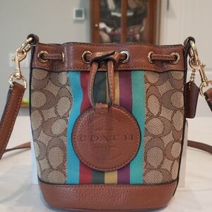 Coach Signature Stripe Mini Bucket Crossbody Bag - Brown and Multicolor